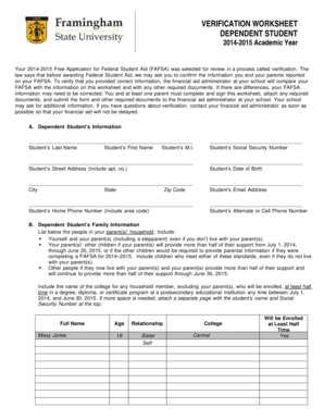 2014-2015 Verification Worksheet for Dependent Students