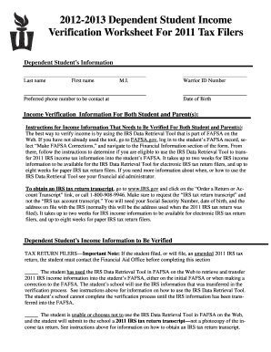 2011 Dependent Student Income Verification Worksheet