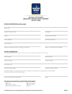 Nevada State Bank Essay Contest Entry Form