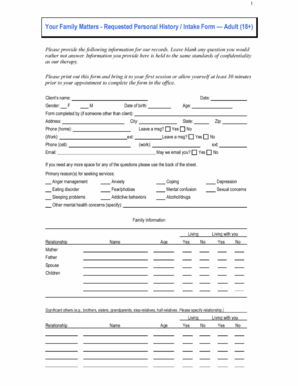 Adult Personal History Intake Form