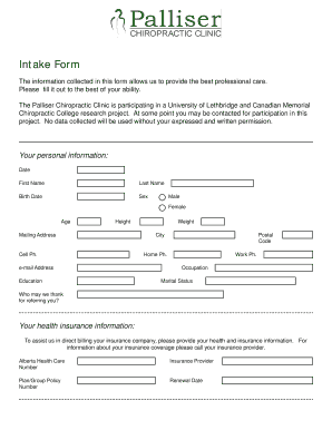 Palliser Chiropractic Clinic Intake Form