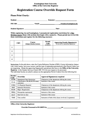 Framingham State University Course Override Request Form