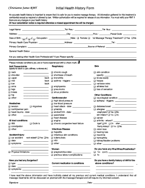 Initial Health History Form for Massage Therapy
