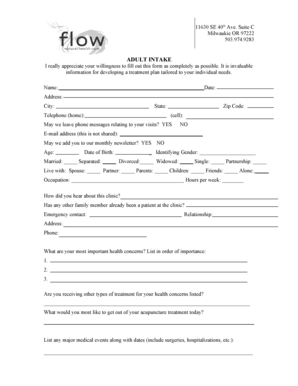Adult Intake Form for Acupuncture Treatment