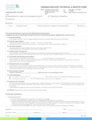 Standard Chartered Bank Transaction Copy Retrieval & Dispute Form