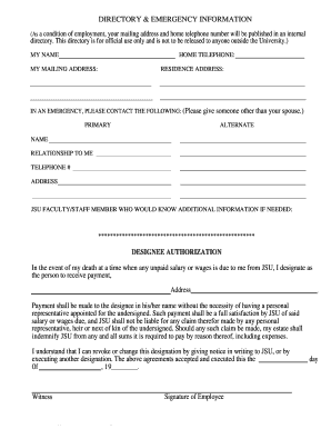 JSU Employee Directory and Emergency Information Form