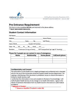 Immaculata University Student Health Form