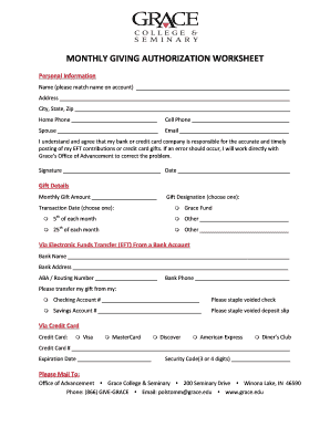 Monthly Giving Authorization Worksheet