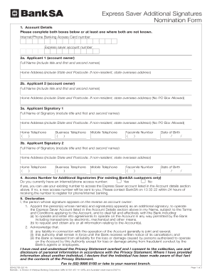 BankSA Express Saver Additional Signatures Nomination Form