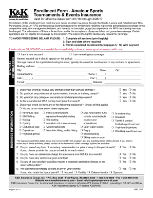 Amateur Sports Tournament Insurance Enrollment Form