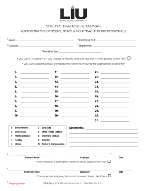 Monthly Attendance Record for Staff