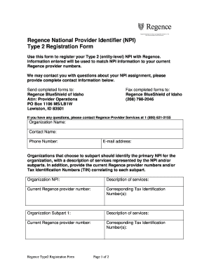 Regence Type 2 NPI Registration Form