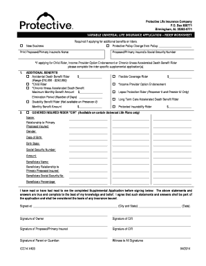 Variable Universal Life Insurance Application Rider Worksheet