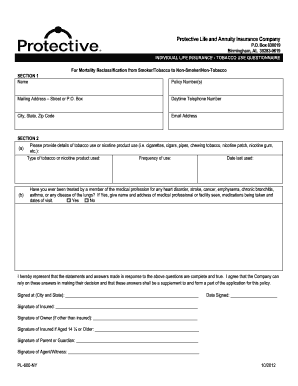 Individual Life Insurance Tobacco Use Questionnaire