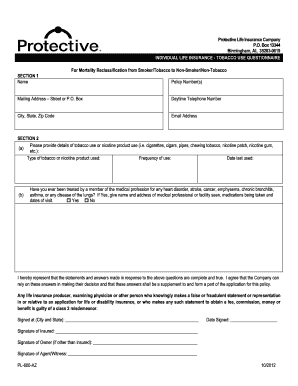 Protective Life Insurance Tobacco Use Questionnaire