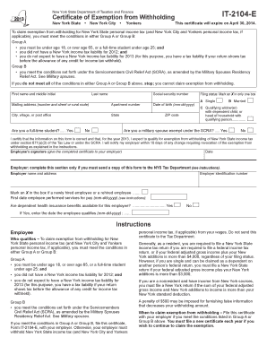 New York State Certificate of Exemption from Withholding IT-2104-E