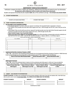 2016-2017 Independent Verification Worksheet