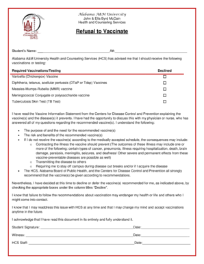 Alabama A&M University Vaccination Refusal Form