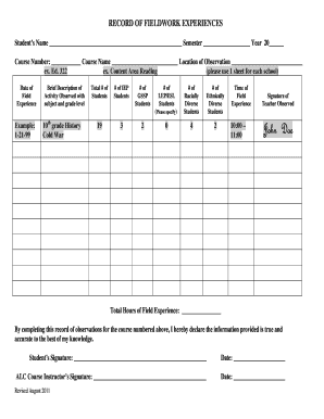 Student Fieldwork Experience Record