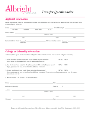 Transfer Student Questionnaire
