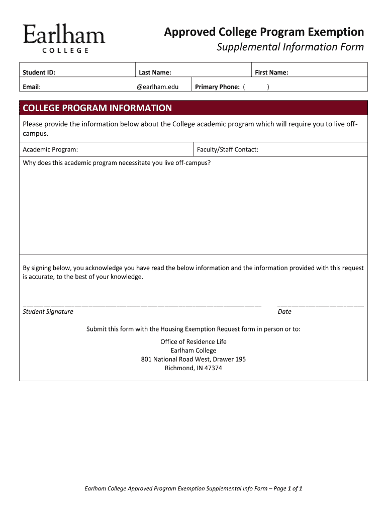 Fillable Online earlham Approved College Program Exemption Earlham