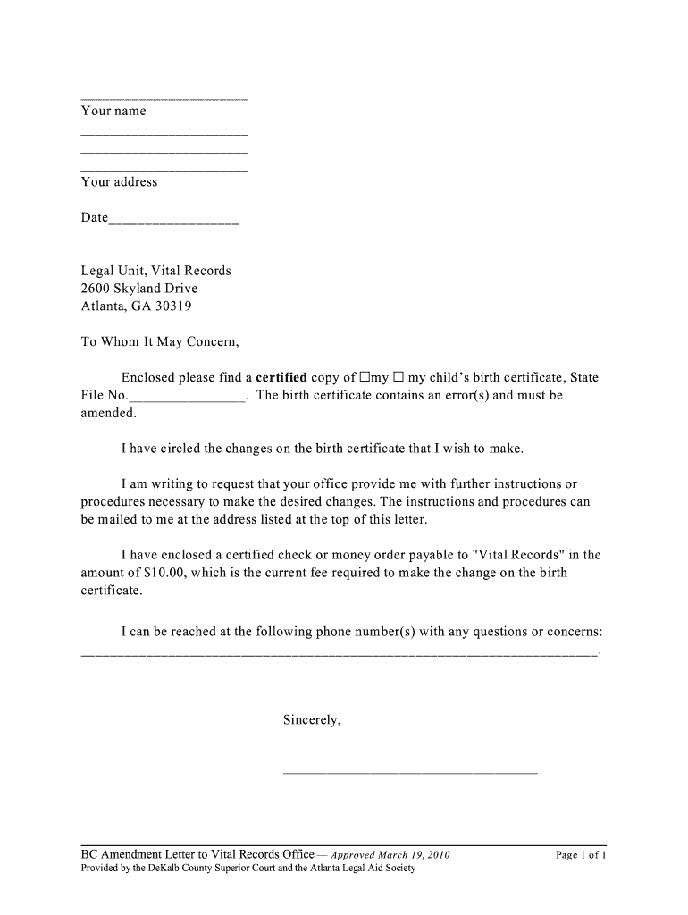 Fillable Online Birth bCertificateb Amendment Letter to Vital Records