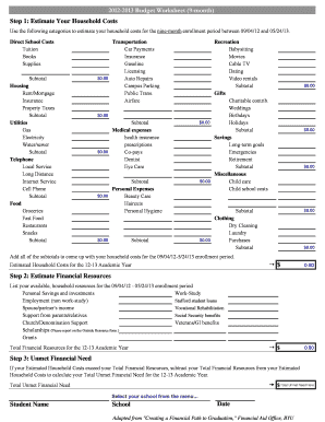 2012-2013 Budget and Loan Worksheet