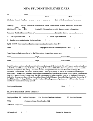 Andrews University Student Employee Data Form