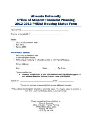 Format of a sample financial plan for a young adults - 20122013 PHEAA Housing Status Form - alvernia