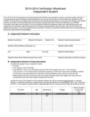 2013–2014 Verification Worksheet for Independent Students