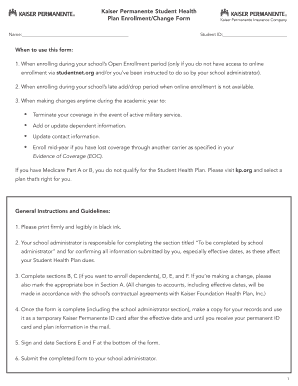 Kaiser Permanente Student Health Plan Enrollment Form
