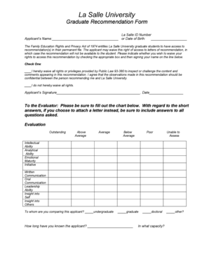 La Salle University Graduate Recommendation Form