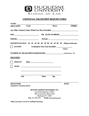 Unofficial Transcript Request Form