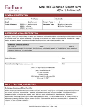 Meal Plan Exemption Request Form - earlham