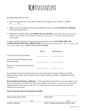 Student/Parent Asset Certification Form
