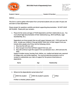 2015-2016 Proof of Dependent(s) Form