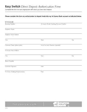 1st Source Bank Direct Deposit Authorization Form