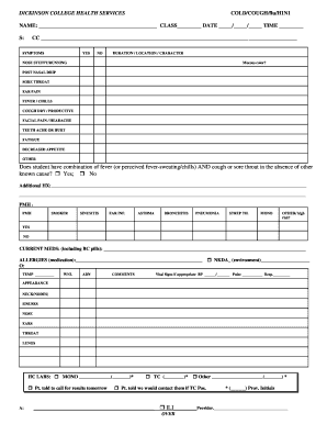 Dickinson College Health Services Cold/Cough/Flu/H1N1 Form