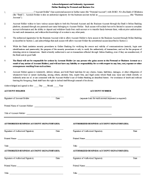 Acknowledgement and Indemnity Agreement for Online Banking