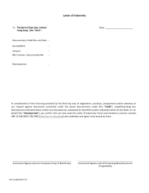 Letter of Indemnity for Bank Financing