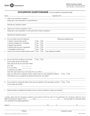 BMO Life Assurance Occupation Questionnaire