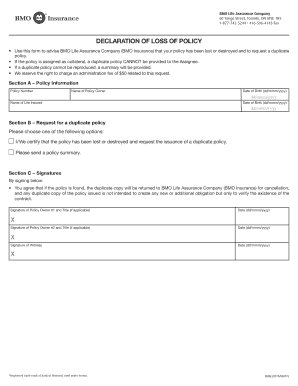 BMO Life Assurance Policy Loss Declaration