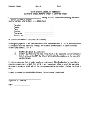 Claim to Lost Stolen Check Form