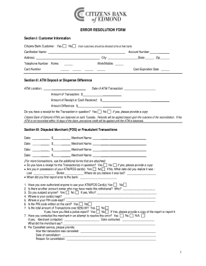 Citizens Bank Error Resolution Form