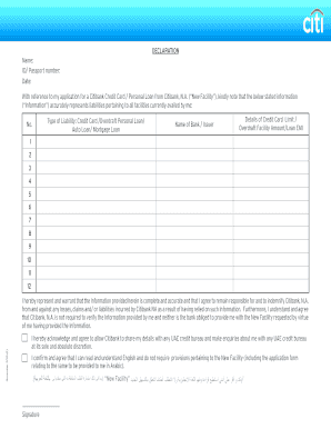 Citibank Credit Card or Loan Liability Declaration
