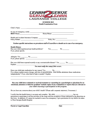 Summer 2015 Health Examination Form