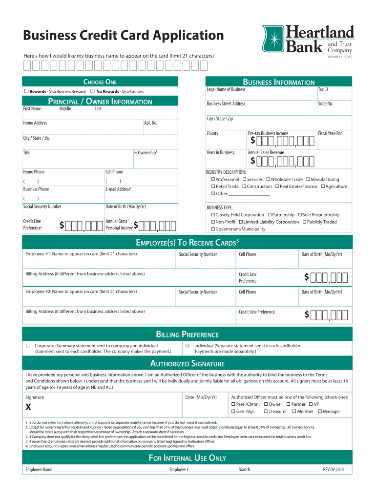 Fillable Online Business Credit Card Application Heartland Bank Trust
