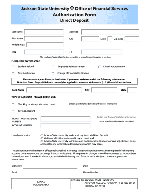 Jackson State University Direct Deposit Authorization Form
