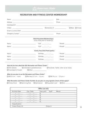 Recreation and Fitness Center Membership Form