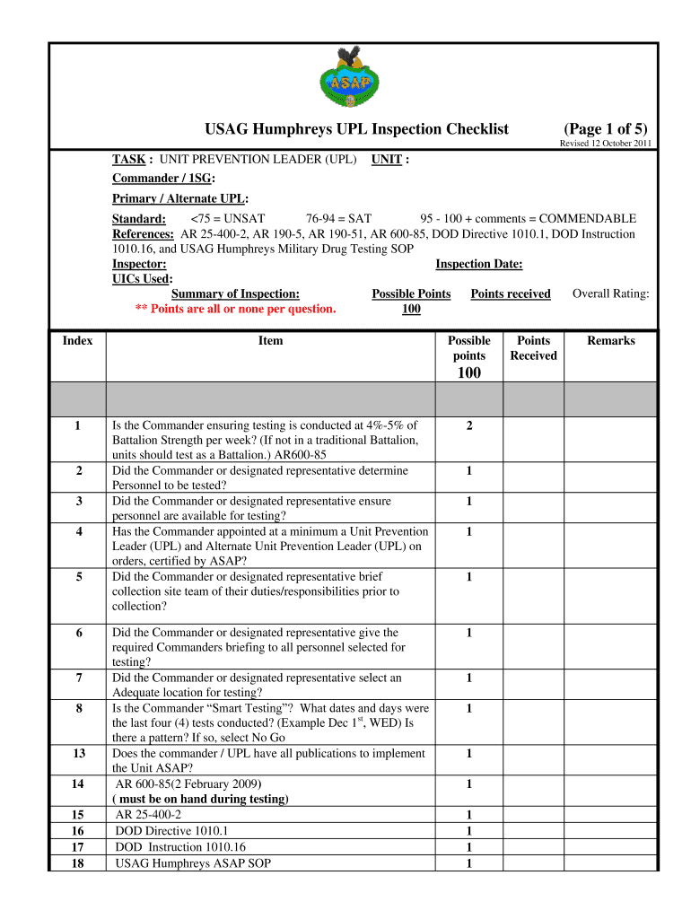 Fillable Online army USAG Humphreys UPL Inspection Checklist army Fax